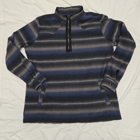 Outback Trading Company Navy and Charcoal Striped Quarter Zip Sweater - Picture 1 of 4